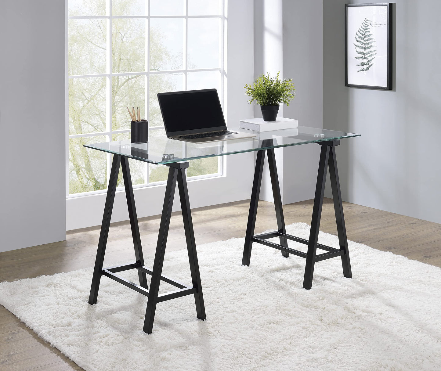 OSP Home Furnishings Middleton 47 Inch Desk with Clear Beveled Glass Top, Black Base