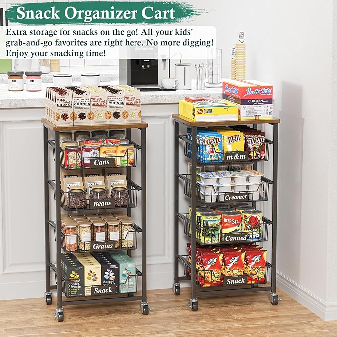 OKZEST Fruit Basket, 5-Tier Utility Kitchen Organizer and Storage Cart with Pull-Out Baskets and Wood Top, Rolling Pantry Kitchen Cart on Wheels for Fruit Potato Onion Vegetable Snack Produce