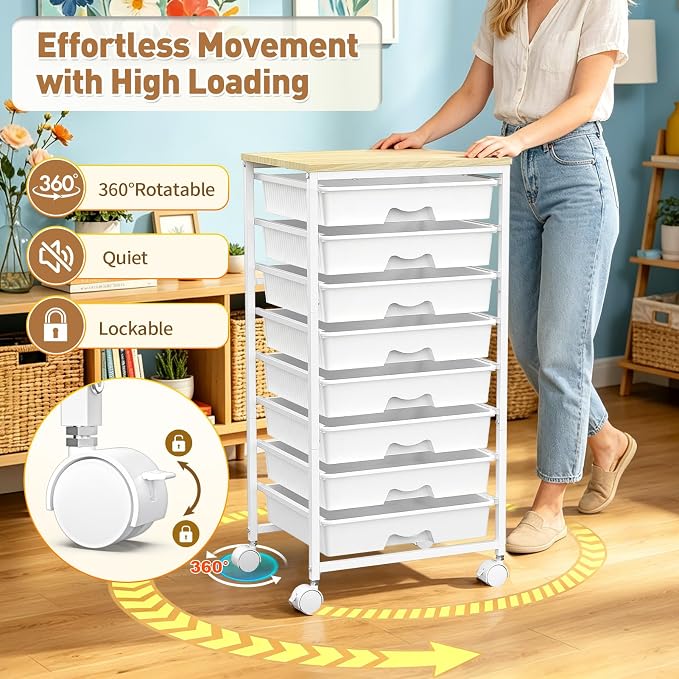 SUNALLY Rolling Cart With 8 Drawers, Storage Drawer Carts with Wooden Tabletop and 2 Lockable Wheels, 8 Tier Rolling Cart for Craft Art Supply Storage & Home Office Organization, White