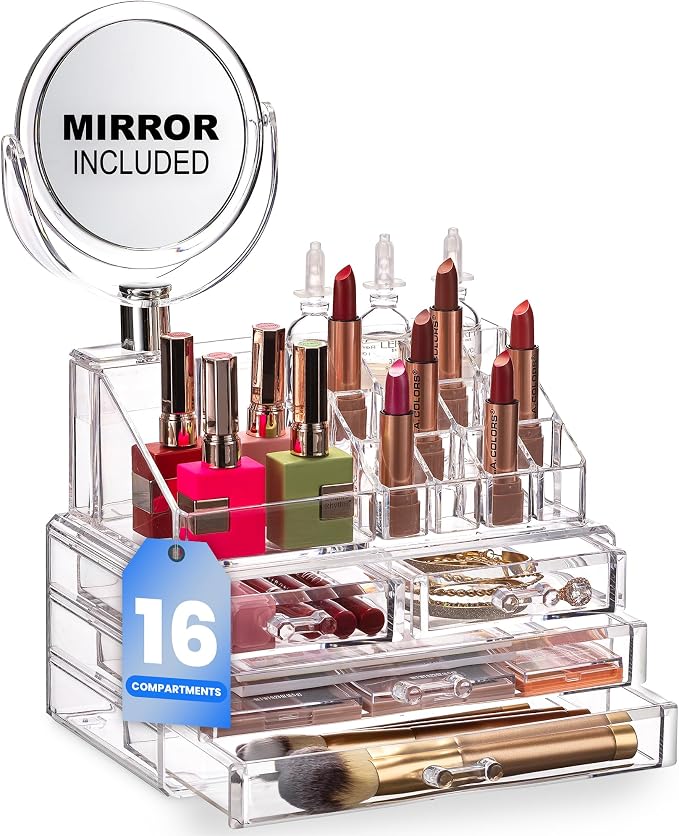 Masirs Clear Makeup Organizer with Mirror – 16-Compartment Cosmetic and Jewelry Holder, 4-Drawer Vanity Storage, Elegant Clear Design for Makeup and Accessories