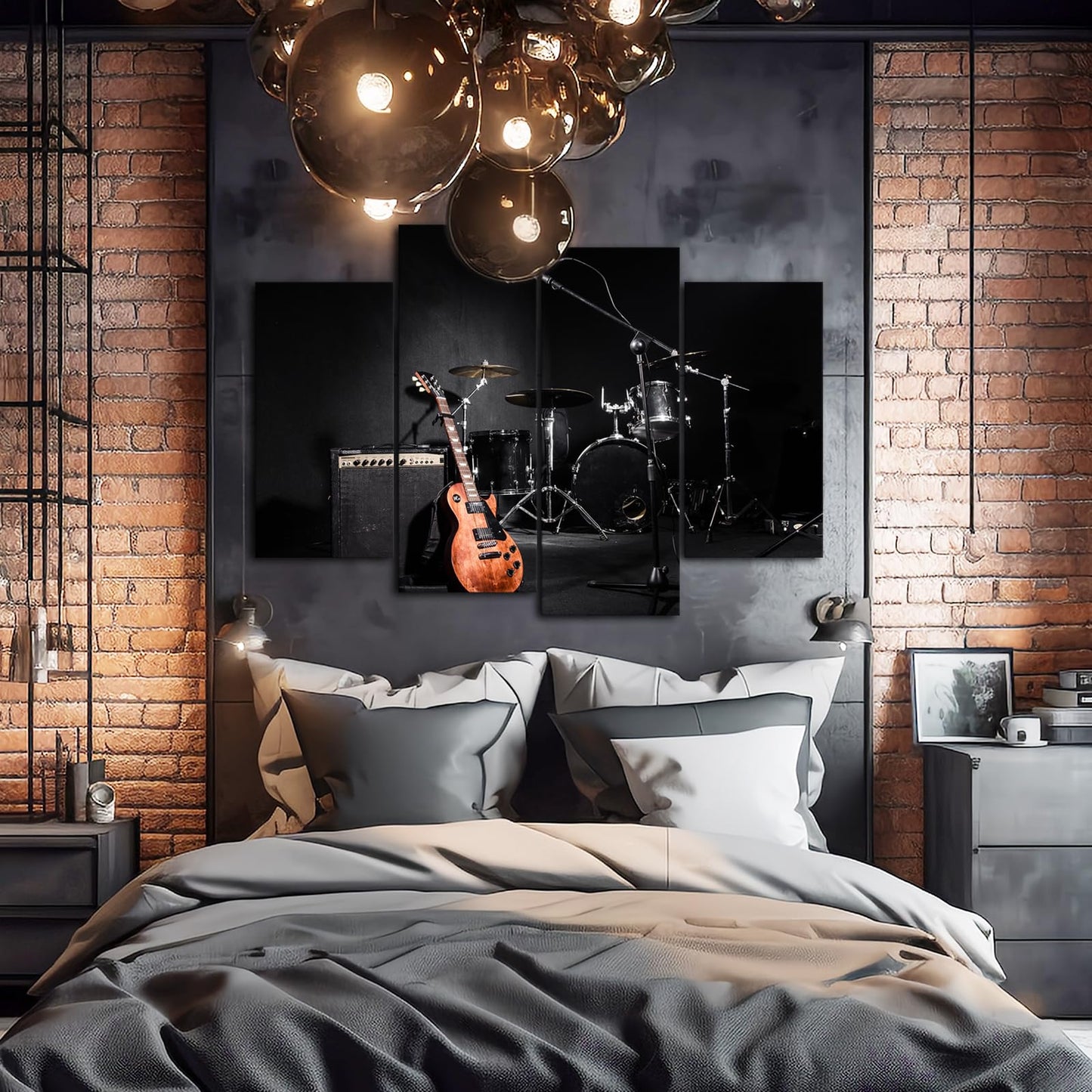 Canvbay 4 Piece Music Wall Art Rock Band Guitar Shelf Drum Set Picture Prints on Canvas Musical Instrument in Black Background Modern Artwork Decor for Living Room Bedroom Man Cave Home Studio