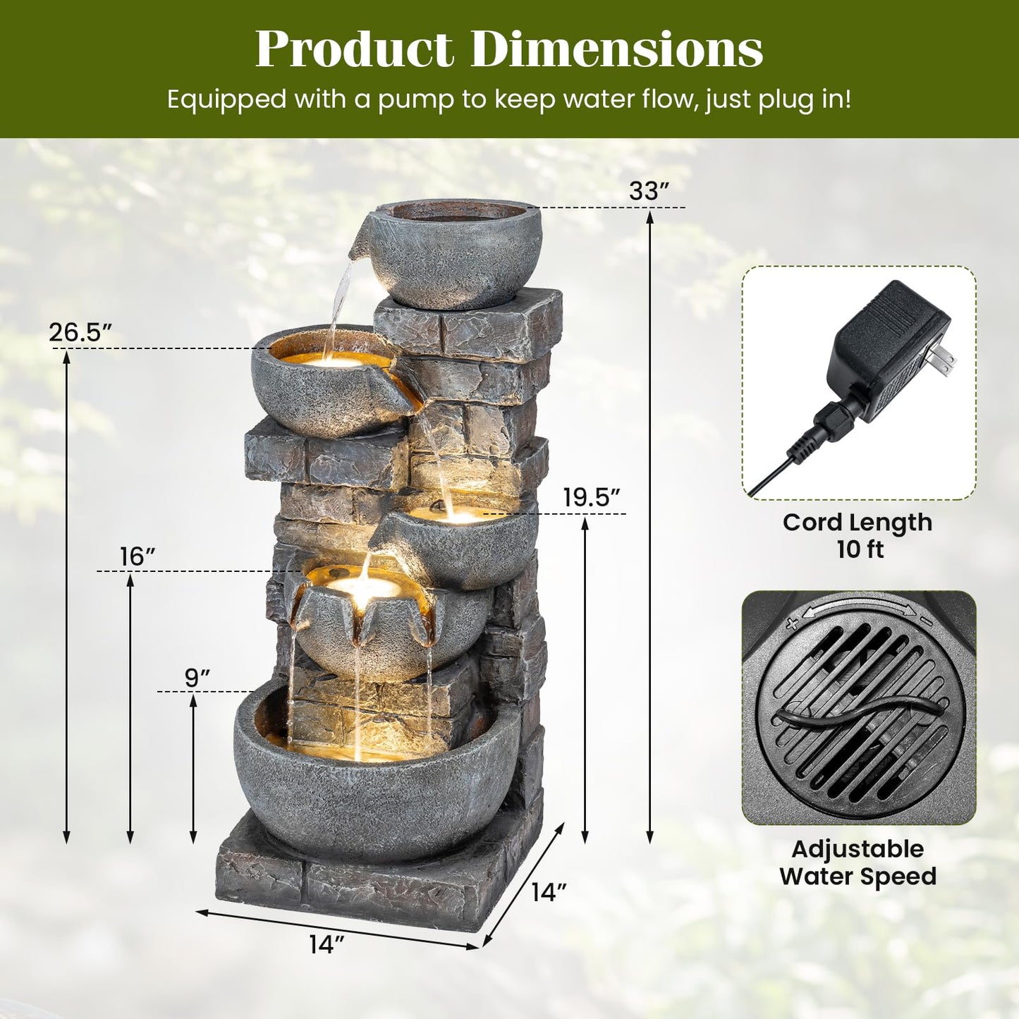 Giantex 33'' Water Fountain Outdoor, 5-Tier Cascading Stacked Stone Bowl Waterfall Fountain with LED Lights & Pump, Outside Water Feature for Patio, Balcony, Deck, Garden, Yard Decor