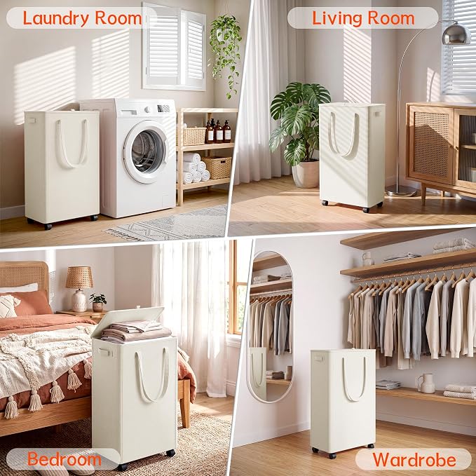 Slim Laundry Hamper with Wheels,15 Gal (55L) Rolling Laundry Basket with lid and wheels Clothes Hamper Foldable Tall Dirty Clothes Basket Sturdy Collapsible Clothes Hamper for Dorm,Laundry Room
