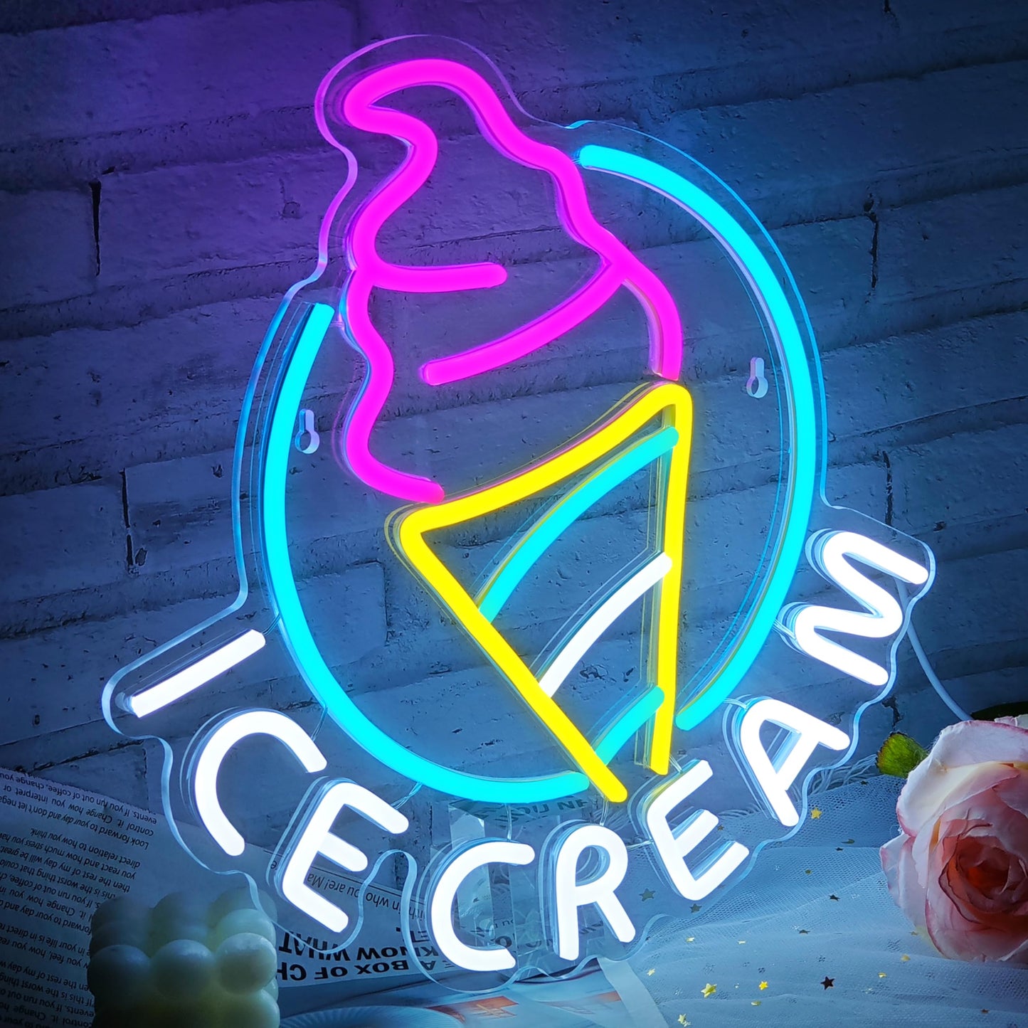 Ice Cream Neon Sign for Wall Decor Dimmable Led Neon Sign for Ice cream Shop Birthday Christmas Party Bedroom Bar Drink Shop Wall Decoration USB Powered