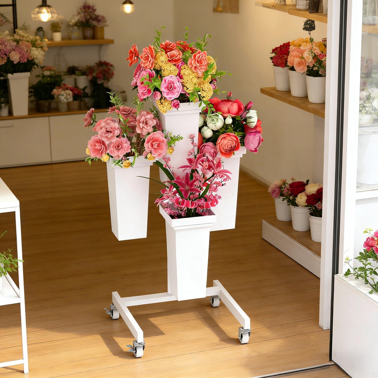 aboxoo Flower Display Stand with Buckets, Sturdy Flower Cart with Wheels, Metal Bouquet Bar for Wedding, Party, Patio, Bridal Shower