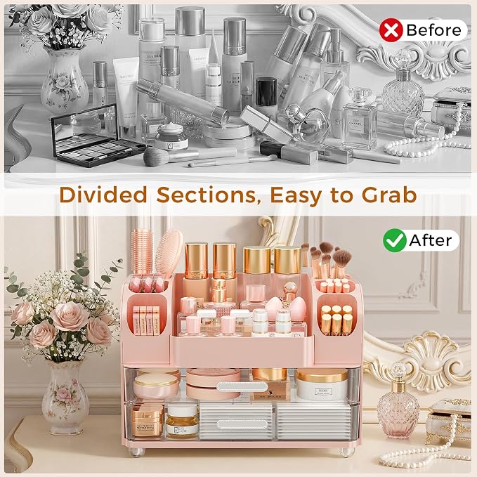 Makeup Organizer for Vanity with Brush Holder, Large Bathroom Countertop Organizer & Skincare Storage | Perfume, Cosmetics Display Case with Drawers (Pink)