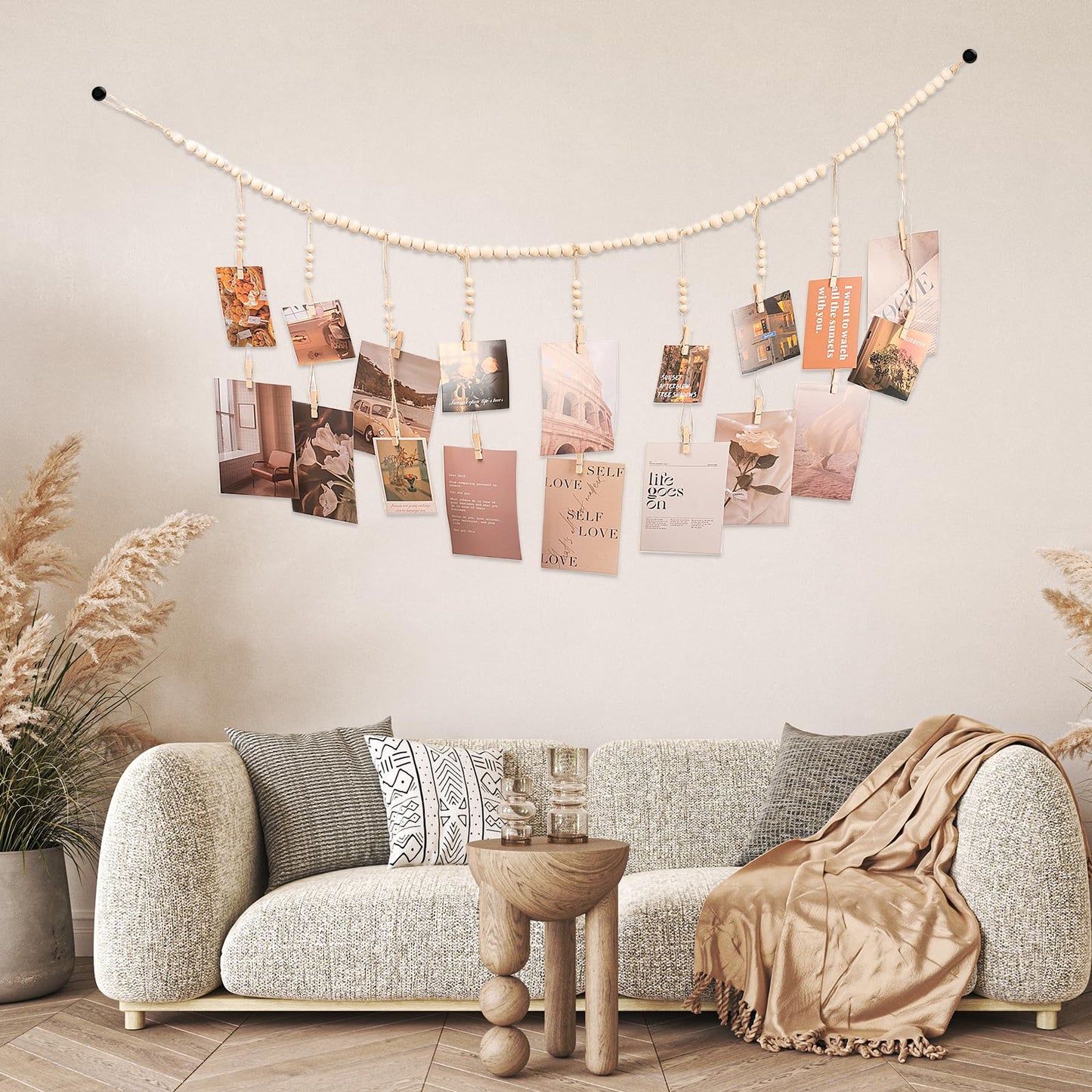 WIVKFML Hanging Photo Display with 18 Wood Clips, Boho Wooden Bead Wall Décor for Bedroom, Living Room, Dorm, Kids Art Picture Display