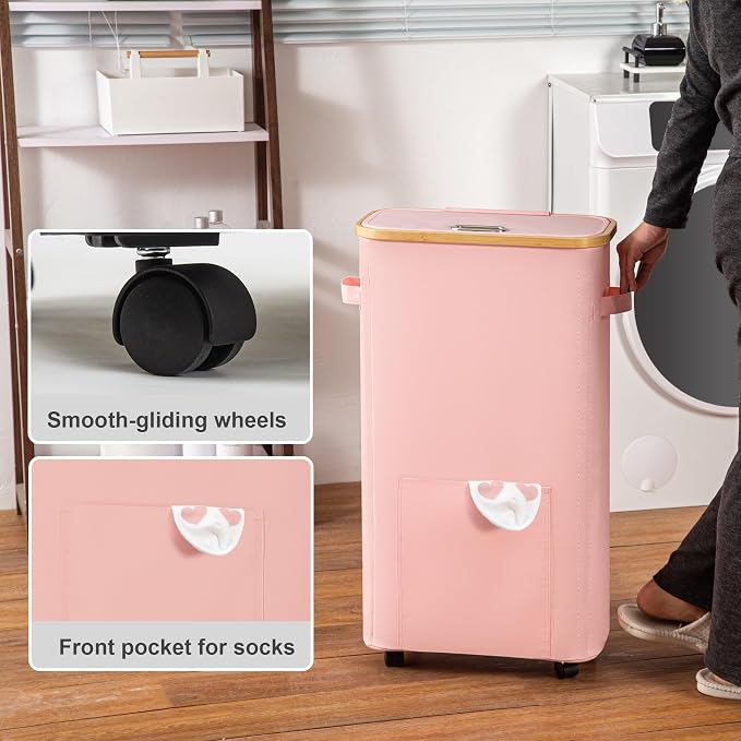 Vincona Laundry Basket with Wheels, Tall Dirty Clothes Hamper on Wheels, Rolling Laundry Hamper with lid for Dorm, Bedroom and Bathroom