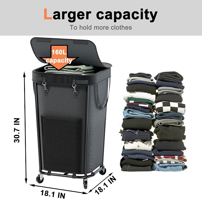 Laundry Basket with Lid and Wheels Rolling Laundry Basket, Removable Laundry Bag Design for Daily Use in Bathrooms and Laundry Rooms (Cover Black, 160L)