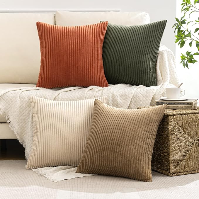 MIULEE Boho Farmhouse Throw Pillow Covers 20x20 Inch Set of 4 Western Modern Decorative Cushion Covers Soft Corduroy Home Decor for Couch Bed Sofa Living Room Rust-Olive Green Gradient Series