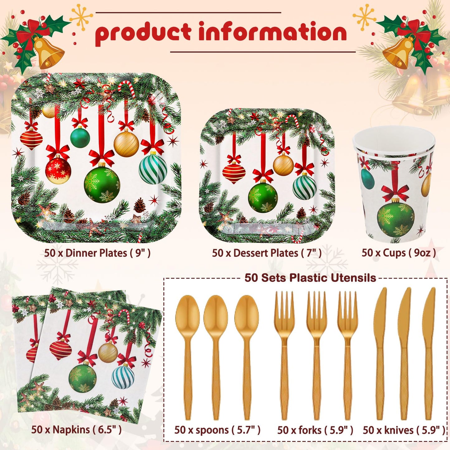 Ziliny 350 Pcs Christmas Party Supplies Christmas Tree Hanging Ball Party Tableware Set Square Paper Plates Disposable Napkins Cups Plastic Cutlery for Xmas Holiday Serves 50 Guests(Xmas Ball)