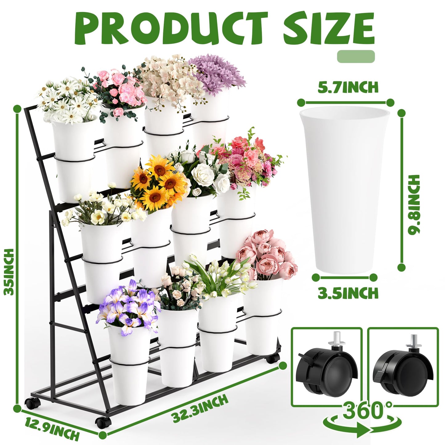 Invech Flower Display Stand with 12 Buckets and Wheels, 3 Tier Flower Cart Display Stand for Indoor Outdoor Garden, Wedding, Flower Shop (Black)