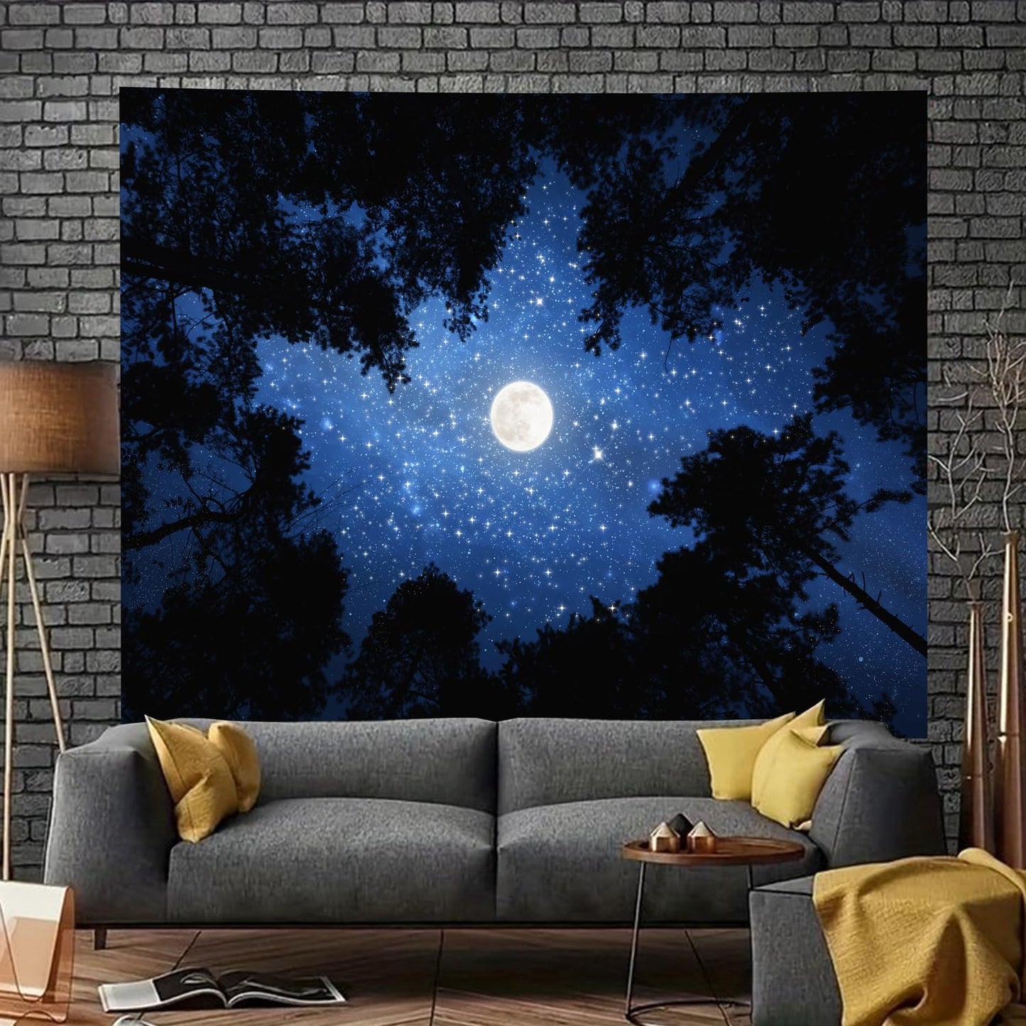 TUGCAY Forest Galaxy Starry Tapestry Blue Space Night Sky Stars Moon Ceiling Tapestry Nature Trees Tapestries Aesthetic Wall Hanging for Bedroom Dorm Living Room Office Decor 60x50 Inch
