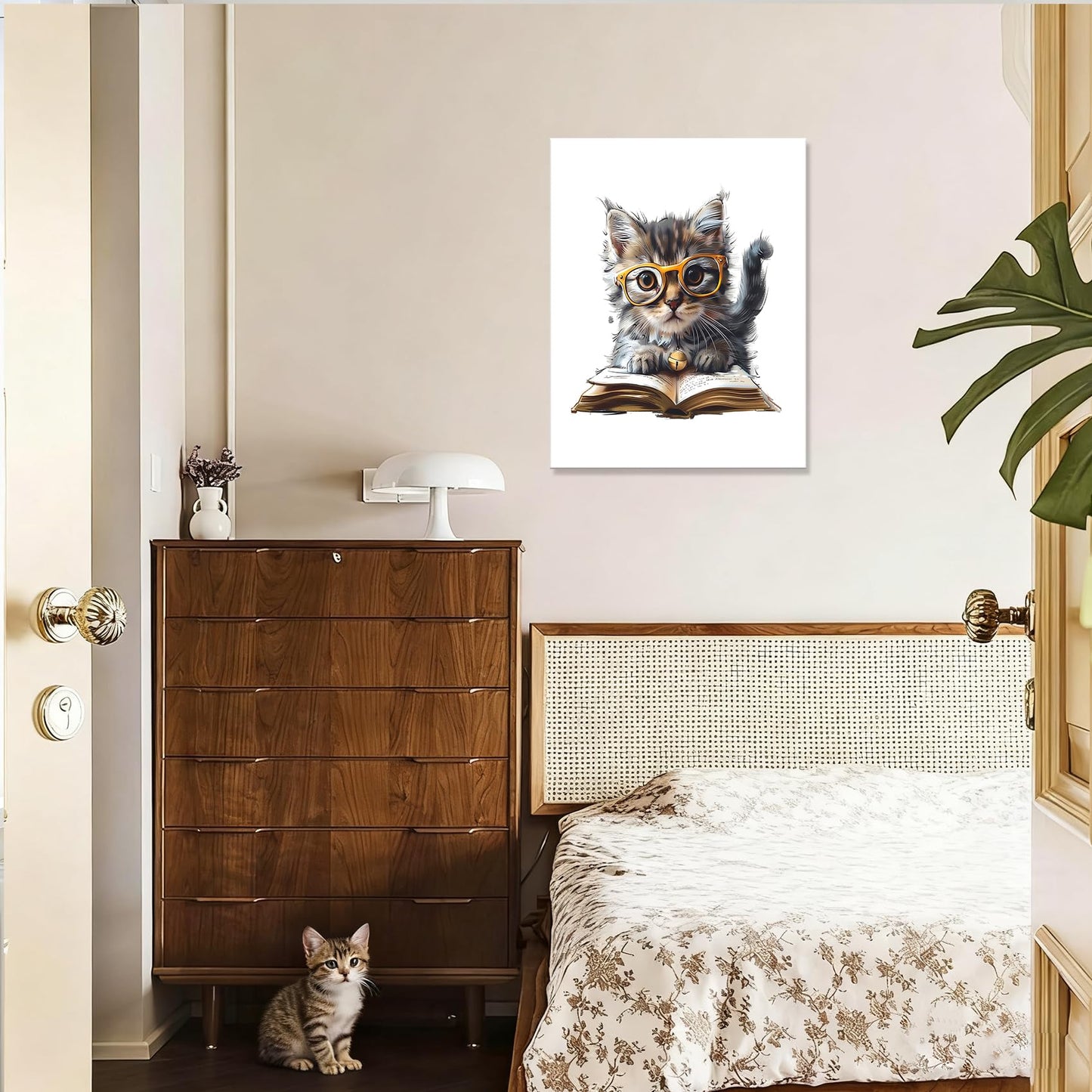 HVEST Cute Cat Wall Art Funny Cat Reading Book Modern Abstract Canvas Wall Art, Animal Wall Art for Living Room Bathroom Bedroom Office Decor, 16L x 12W Inches, Black