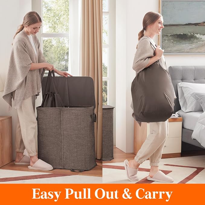 Lifewit Double Laundry Hamper with Lid and Removable Laundry Bags, Large Collapsible 2 Dividers Dirty Clothes Basket with Handles for Bedroom Laundry Room Closet Bathroom College, 136L Brown