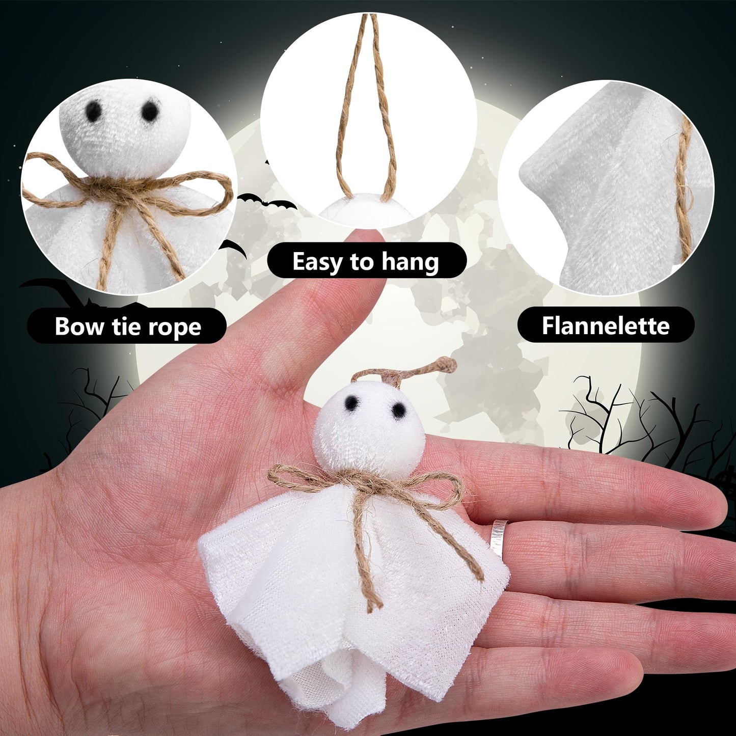 Watayo 16 Pcs Halloween Ghost Hanging Ornaments, 3 Inch Small Hanging Ghosts Tree Ornaments, Farmhouse Rustic Cloth Ghosts Hanging Decoration for Haunted House Party Yard Tree Decor