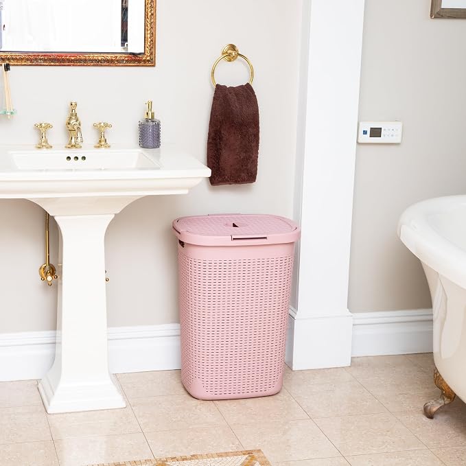 Mind Reader Slim Laundry Hamper with Lid, 60L Tall Clothes Basket, Narrow Tapered Design for Bathrooms, Closets and Laundry Rooms, Plastic, 2 Pack, Pink