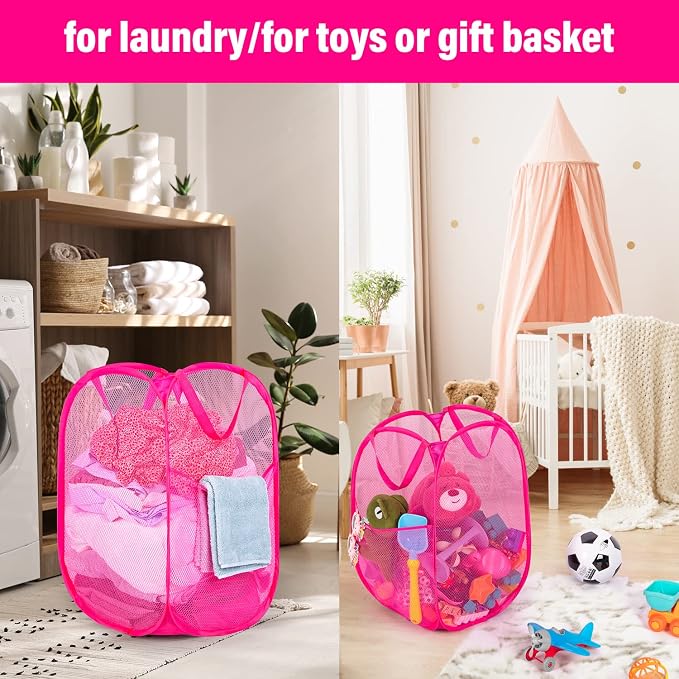 BATTOO Deluxe Strong Mesh Pop up Laundry Hamper Basket with Side Pocket for Laundry Room, Bathroom, Kids Room, College Dorm or Travel 3 Pack Blush