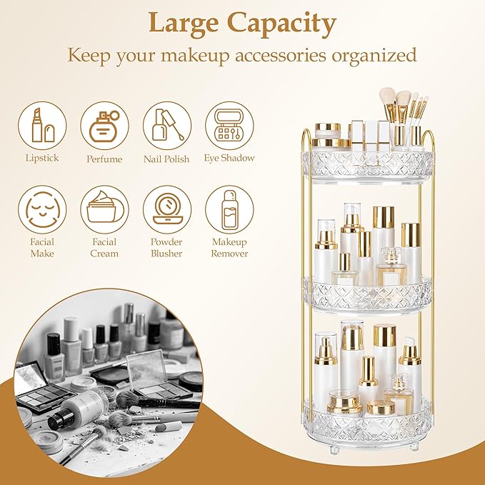 360 Rotating Makeup Organizer for Vanity, 3 Tier Adjustable Perfume Organizer for Dresser, Multi-Function Spinning Cosmetics Skincare Storage for Bedroom, Dresser, Countertop, Clear