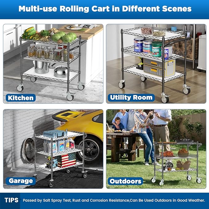 Leteuke 3 Tier Rolling Carts with Wheels, Heavy Duty Rolling Utility Cart,NSF Commercial Grade Metal Cart with Handle&Shelf Liner,Trolley Serving Cart for Kitchen,Restaurant,Plant Display,Black