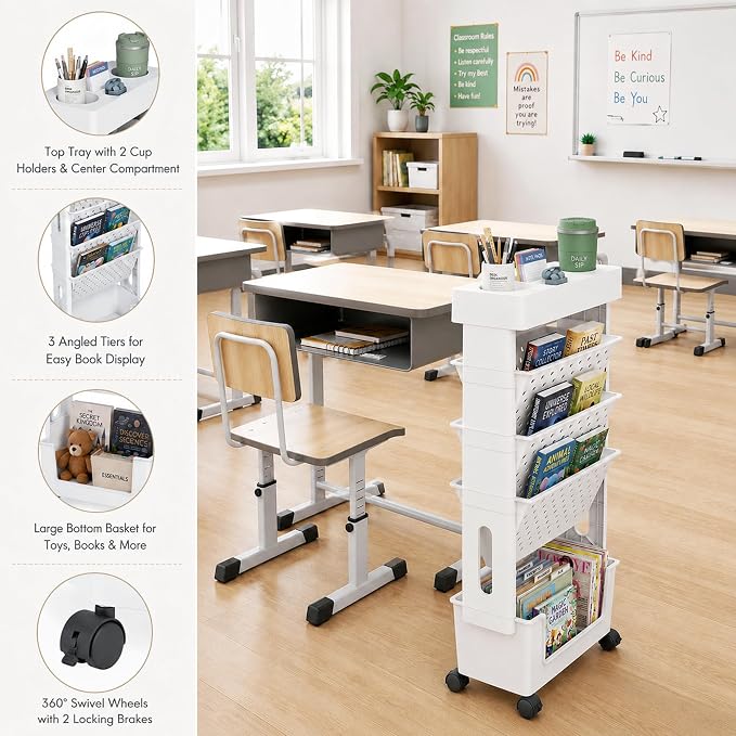 5-Tier Rolling Bookshelf, Book Storage Organization with Wheels Mobile Bookshelves Cart for Home Office Kids' Study Room School, White