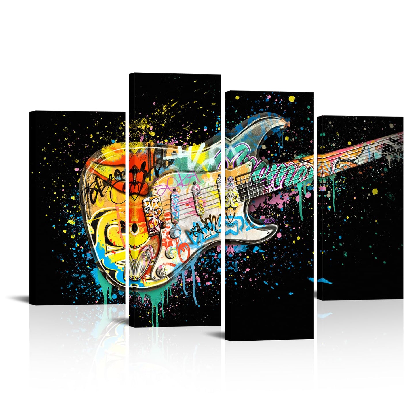 HOMEOART Music Decor Graffiti Guitar Painting Pictures Music Wall Art Framed Artwork Large 4 Pieces (Total is 48x34inch) (Black)