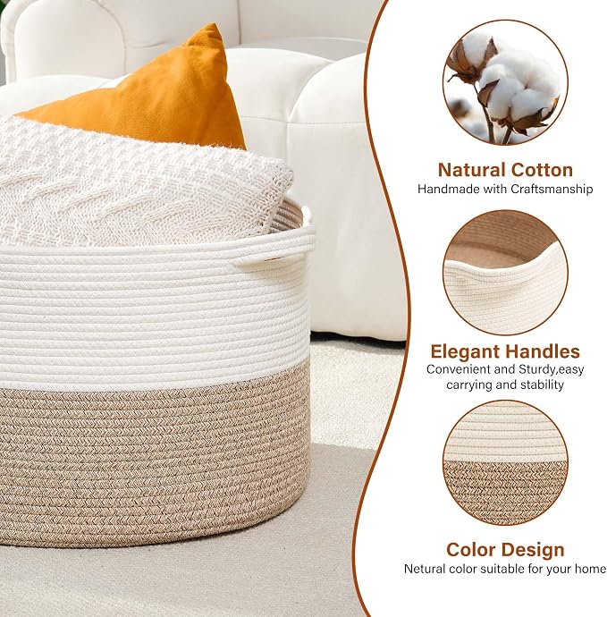 Foldable Laundry Hamper Basket with Collapsible Handle Cotton Rope Soft Woven Fabric Storage Organizer Clothes Toys Nursery Bedroom Dorm Space Saving Bin (White & Brown, 115L(23.6"D x 15.7"H))