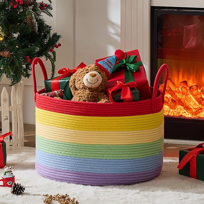 KAKAMAY Large Blanket Basket (20"x13"),Woven Baskets for storage Baby Laundry Hamper, Cotton Rope Blanket Basket for Living Room, Laundry, Nursery, Pillows, Baby Toy chest (Rainbow)