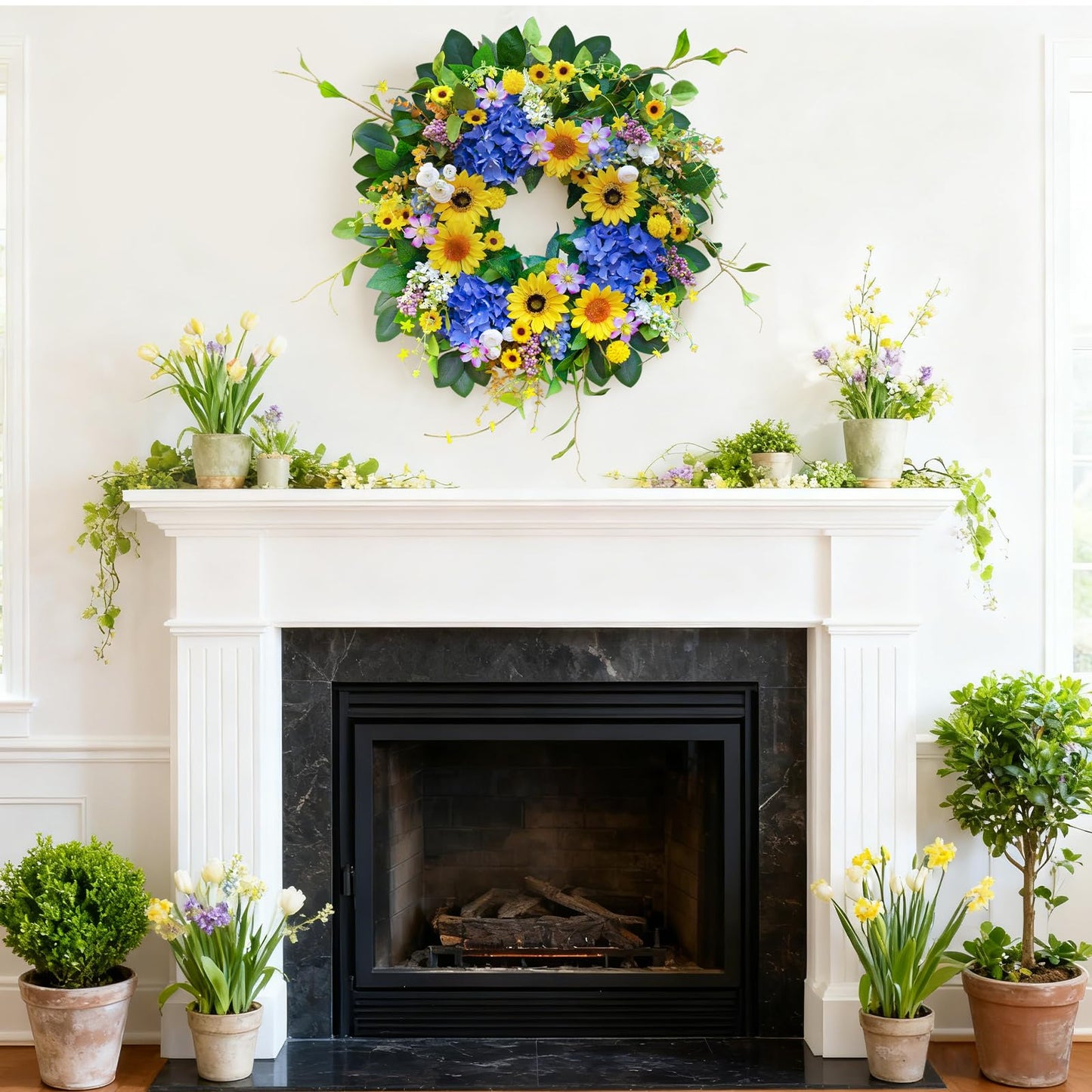 Pinkpuii Spring Wreaths for Front Door Outside- 24 Inch Spring Summer Wreath with Sunflowers,Lifelike Blue Hydrangea Flower Wreath for Indoor Outdoor Mantel,Window,Wall,Home Firplace Hanging Decor