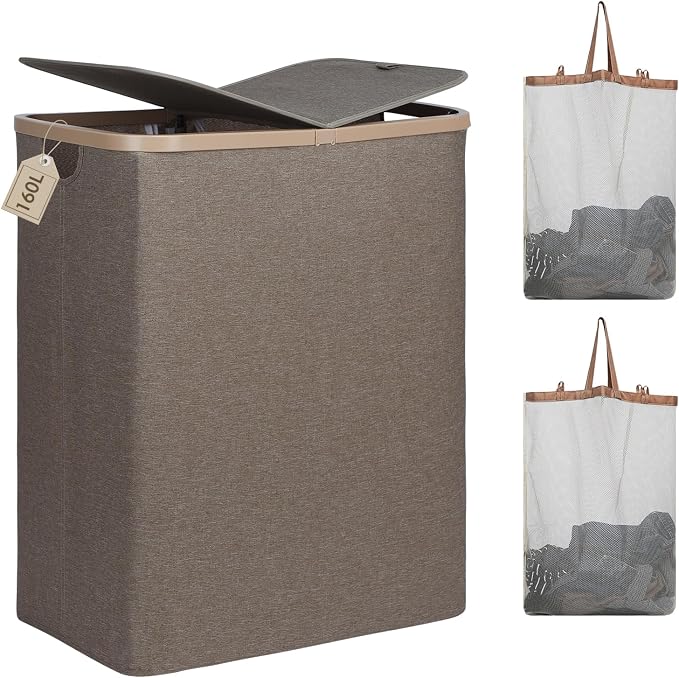 DOKEHOM 160L Extra Large Laundry Hamper with Lid, 2-Section Double Laundry Basket with Removable Mesh Liner Bags, Collapsible Clothes Sorter for Family, Bedroom, Laundry Room, Khaki
