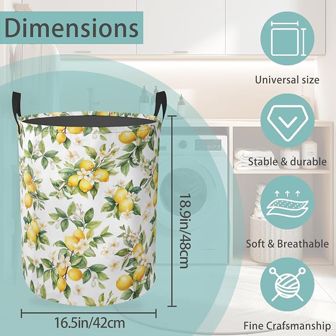 Laundry Basket With Handle, Dirty Clothes Laundry Hamper, Oxford Cloth Bin Storage Organizer for Toy Collection (Lemon Summer)