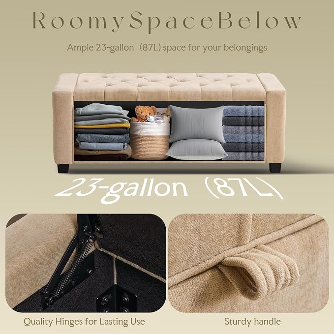 GRAINELL Storage Ottoman Bench, Upholstered Tufted Bedroom Bench with Storage, End of Bed Storage Bench for Living Room & Entryway, 350 lb Capacity, Linen flaxen