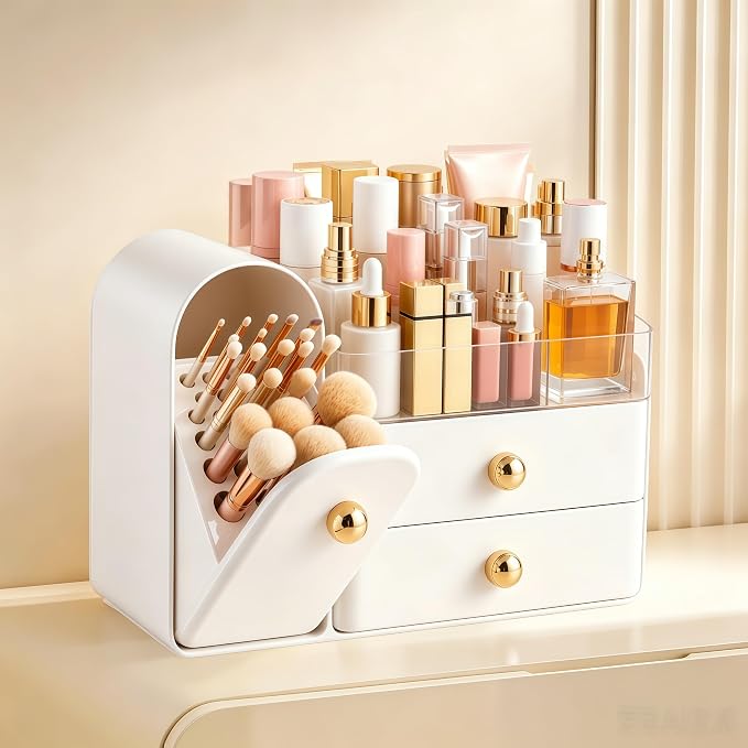 HBlife Makeup Organizer Countertop with Drawers, Vanity Organizers with Brush Holder, Bathroom Counter Organizer for Perfume, Nail Polishes, Lipsticks, Skincare and Eyeshadow Palettes, White and Gold