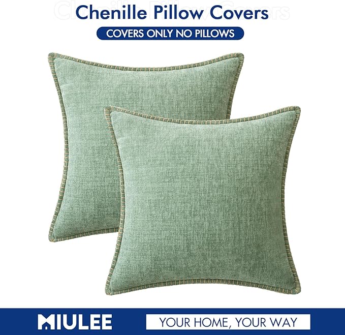MIULEE Pack of 2 Summer Throw Pillow Covers 18x18 Inch Greyish Green Farmhouse Decorative Pillow Covers with Stitched Edge Soft Chenille Solid Dyed Pillow Covers for Couch Sofa Bed Living Room