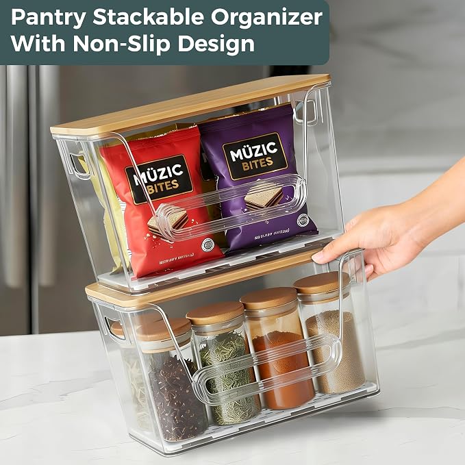 2 Set Pantry organizers and Storage,Trash Bag Holder Under sink Organizer for 4-13 Gal Bags,Trash Bag Dispenser with Bamboo Lids and Stackable Clear Bins for Potato, Onion, Garlic, Fruit, Vegetables