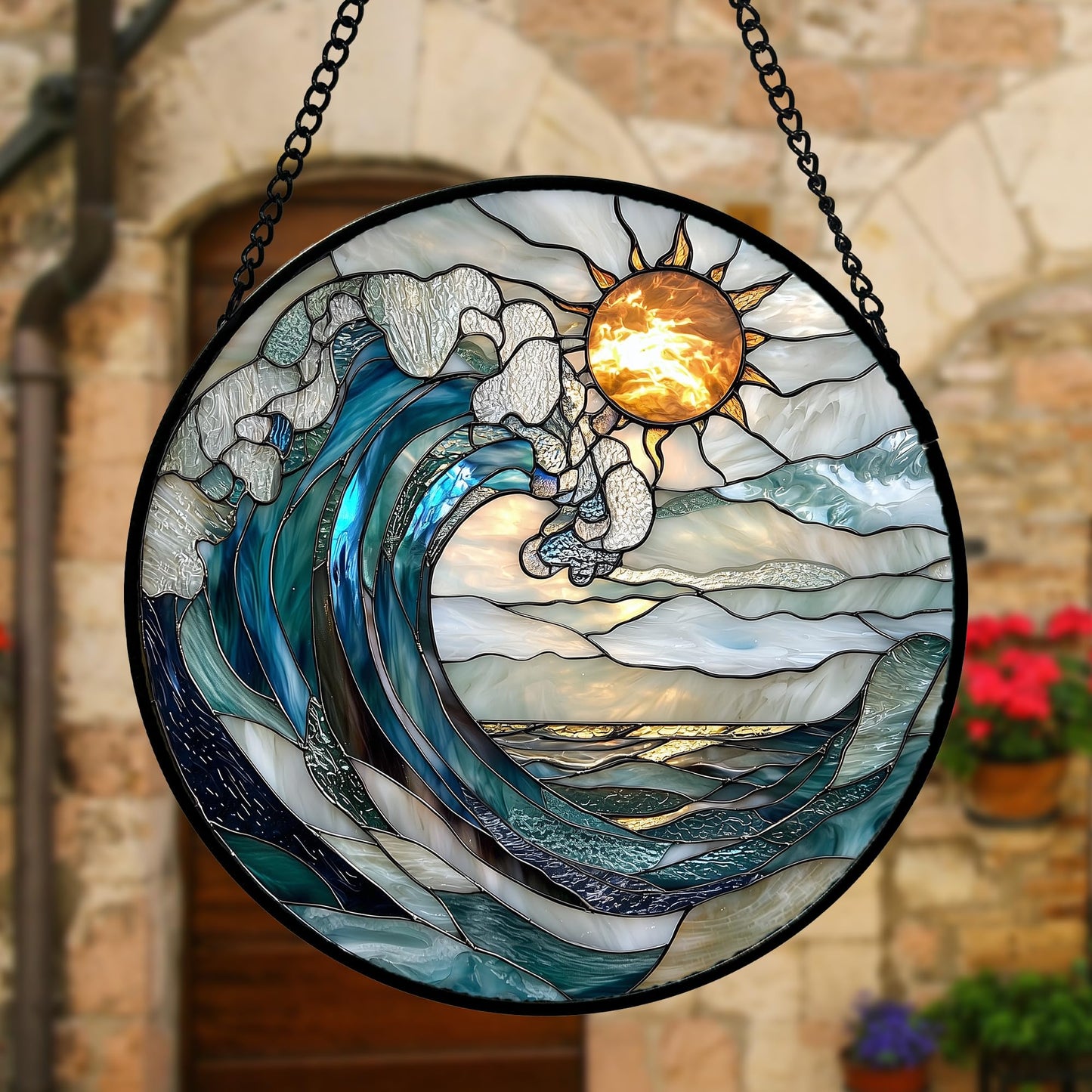 DASTOLL Stained Glass Window Hanging, Blue and White Waves Suncatcher Diamond Glass Panel Landscape Sun Catchers Decor for Birthday for Women, Men, Wife, Aunt, and Mom 7.8 in