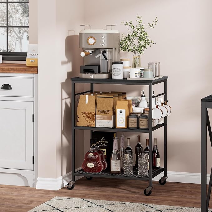 Homleke 3-Tier Rolling Kitchen Microwave Cart, Kitchen Utility Cart on Lockable Wheels, Coffee Bar Table Station with 6 S-Shaped Hooks, Small Appliance Storage Shelf, Black