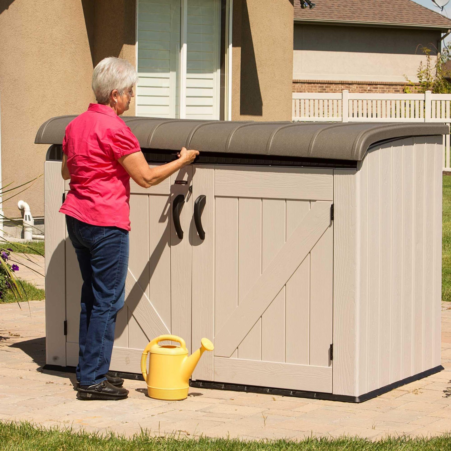 LIFETIME Large Horizontal Outdoor Deck Storage Box, Lockable Spring-Hinge Lid, 561 Gallon Capacity
