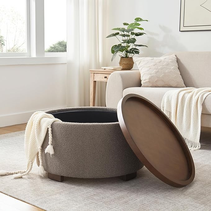 Zihanhome 30 Inch Round Storage Ottoman Coffee Table, Modern Boucle Ottoman with Lift-Off Lid and Solid Wood Legs for Living Room, Bedroom, Corners, Apartments (Brown)
