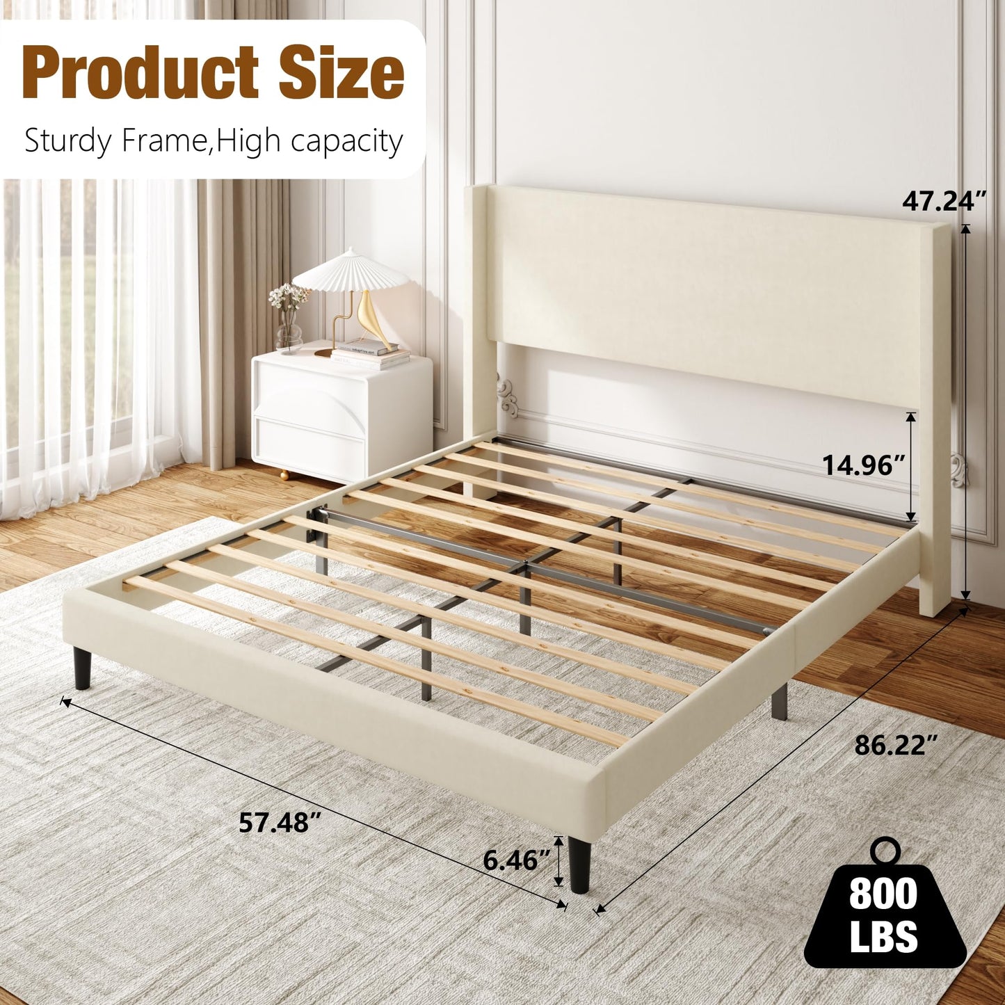 Sismplly Queen Bed Frame with Wingback Headboard, Velvet Upholstered Platform Bed with Wooden Slats, 6.46“ Under Bed Storage, Metal Support, Noise Free, No Box Spring Needed, Beige