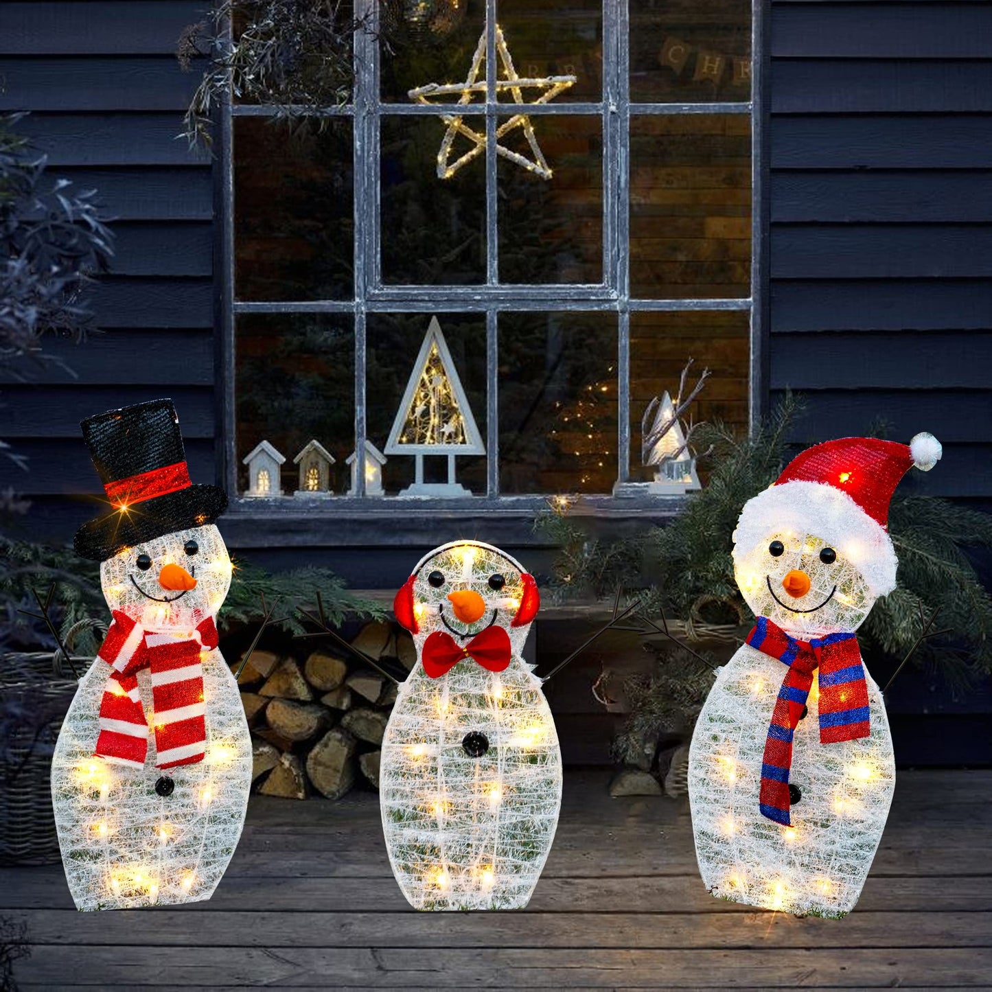 HOURLEEY Christmas Decoration 60 L Lighted Snowman Family Outdoor, 3-Piece Waterproof Plug in 2D Snowman for Yard Patio Lawn Garden Party Decor 29X12.2Inch-Large (Warm White)