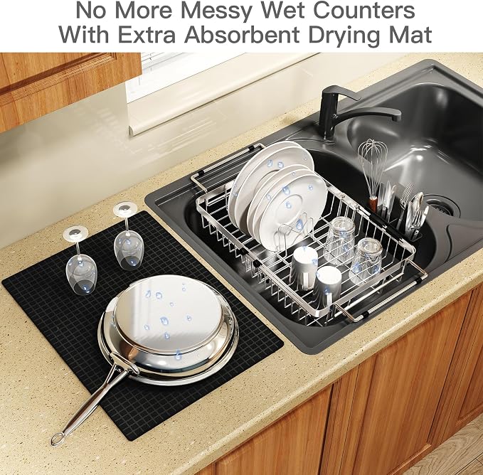 MAJALiS Dish Drying Rack Over The Sink with Utensil Holder, Mat | Expandable Stainless Steel Dish Drainer for Small Kitchen, Apartment, RV, Counter Space Saving, Perfect Fit, Rustproof