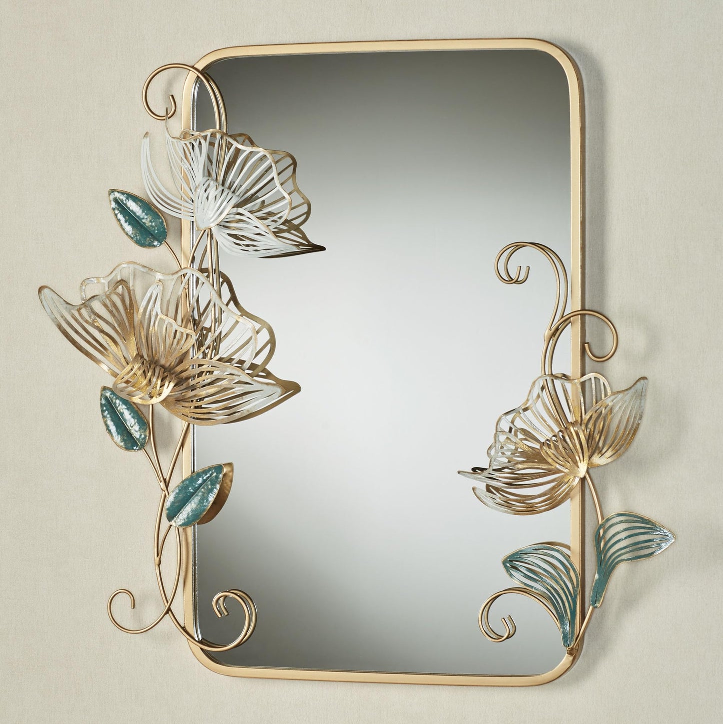 Floral Whisper Wall Mirror | Hand-Finished Metallic Gold with Ivory, Green, and Glitter Details | Rounded Corner Rectangular Panel Wall-Mounted Mirror | Openwork, Layered Flower Blossoms and Leaves