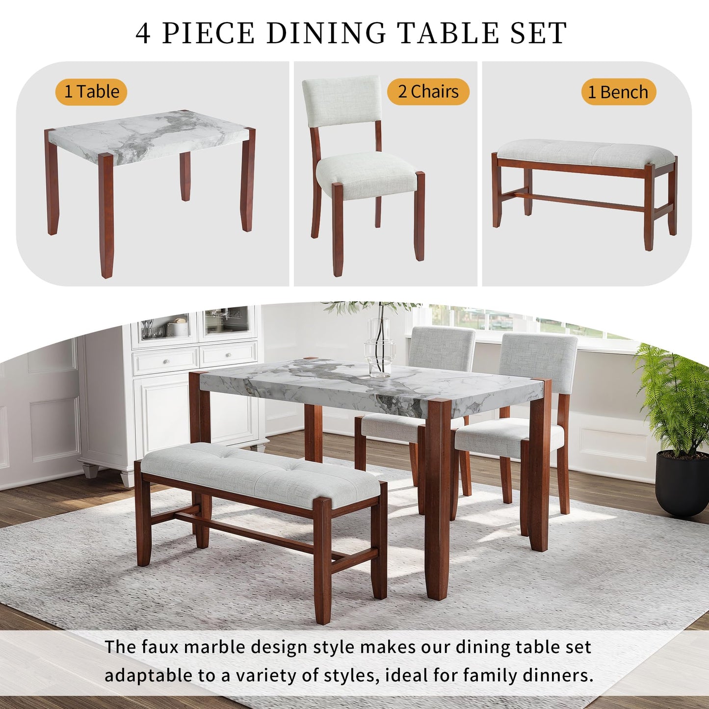 GDFStudio 4 Piece Faux Marble Dining Set with Bench, 46.6" Kitchen Table with 2 Upholstered Chairs, Rubber Wood Legs, Modern Space Saving Furniture for Dining Room, Beige