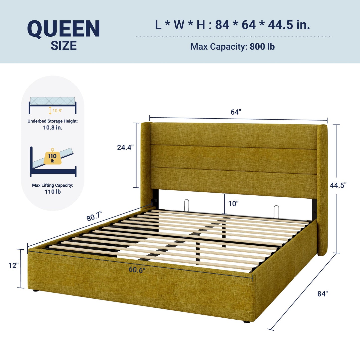Allewie Queen Size Lift Up Storage Bed, Modern Wingback Headboard, Hydraulic Support, No Box Spring Needed, Olive Yellow