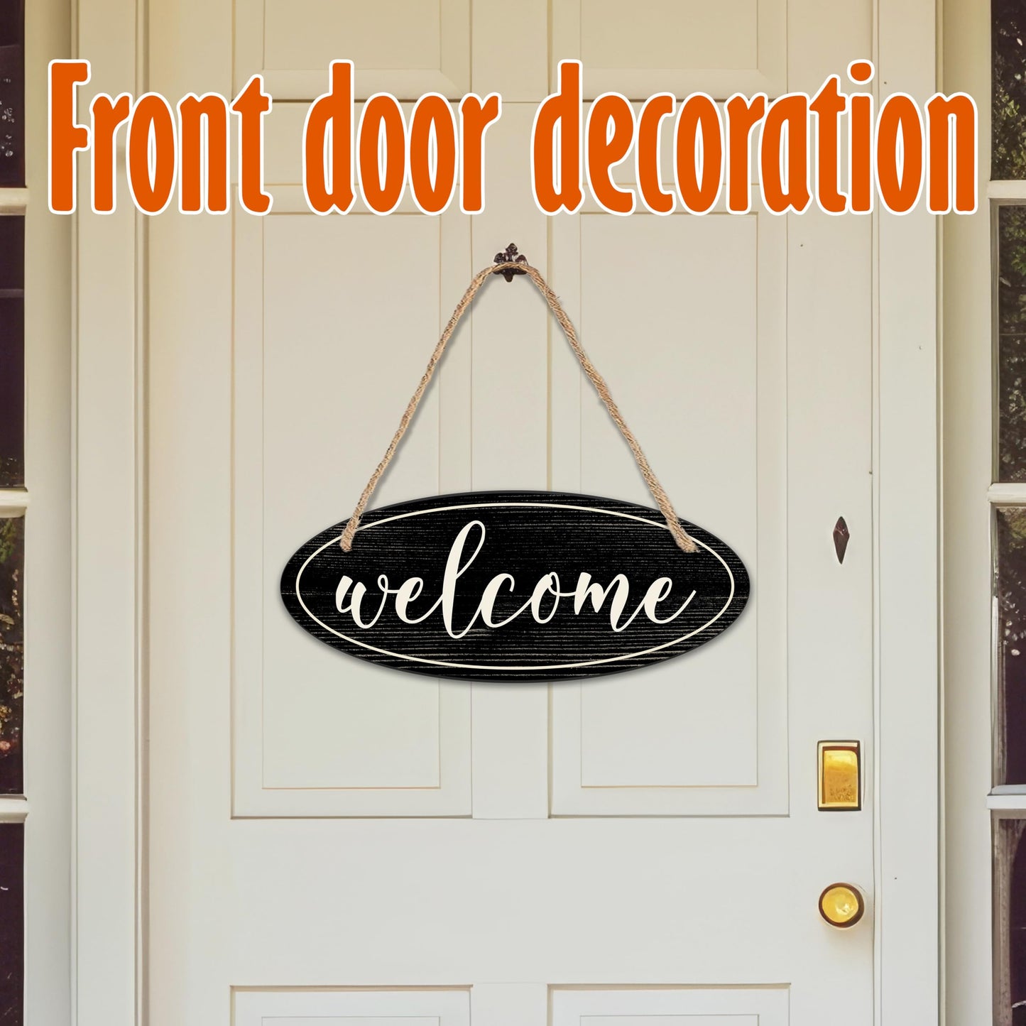 Welcome Sign - 4"X10“ Oval Wooden Hanging Sign With Sisal Ropes, Home & Office, Front Door Yard Sign, Indoor Outdoor Wall Decor & Accessories (Black & White) - B03