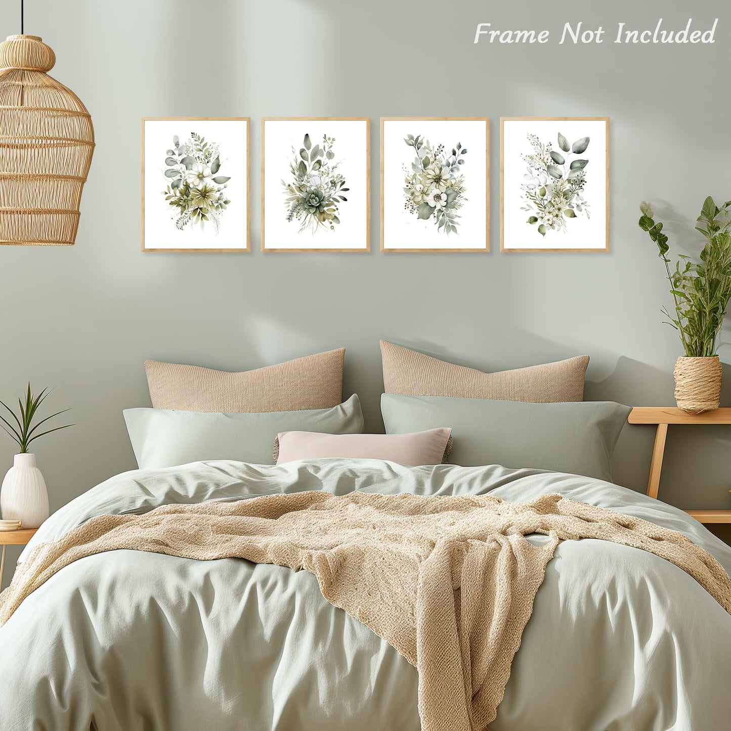 Dazzlewall 4pcs Botanical Wall Art Prints, Boho Sage Green Leaves Watercolour Artwork Print, Minimalist Wall Decor for Bedroom Living Room Bathroom, 8x10 in Unframed