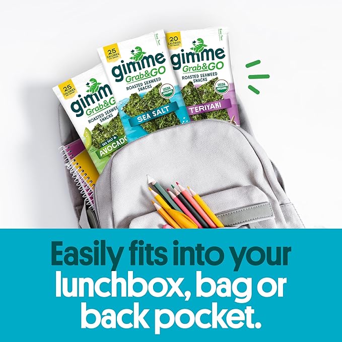 Gimme Seaweed Grab & Go Organic Premium Roasted Seaweed Snacks, Sea Salt, 5 Count Trayless, Keto, Vegan, Gluten-Free, Great Source of Omega3s and Iodine, Healthy On-The-Go Snack for Kids and Adults