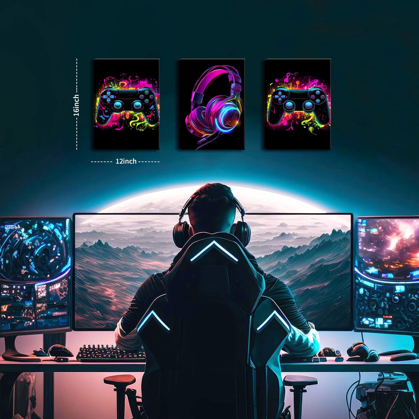 BGFCE Game Room Decor Set of 3, Neon Gaming Video Game Room Wall Art, Gaming Canvas Paintings Posters Prints for Teen Boys Room Children Teen Wall Decor Framed 12x16 in