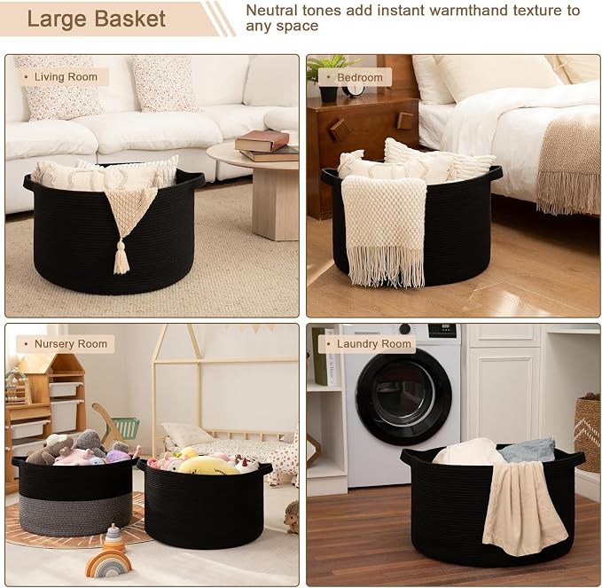 OIAHOMY 90L XXXLarge Blanket Basket for Living Room, 21.7" x 13.8" Woven Cotton Rope Laundry Basket for Organizing Pillows, Decorative Stuffed Animal Toy Storage for Nursery, Black